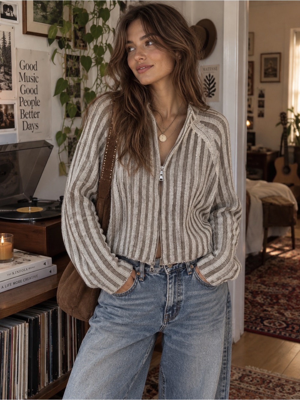 Striped Zip-Front Knit Sweater Jacket - Taupe/White